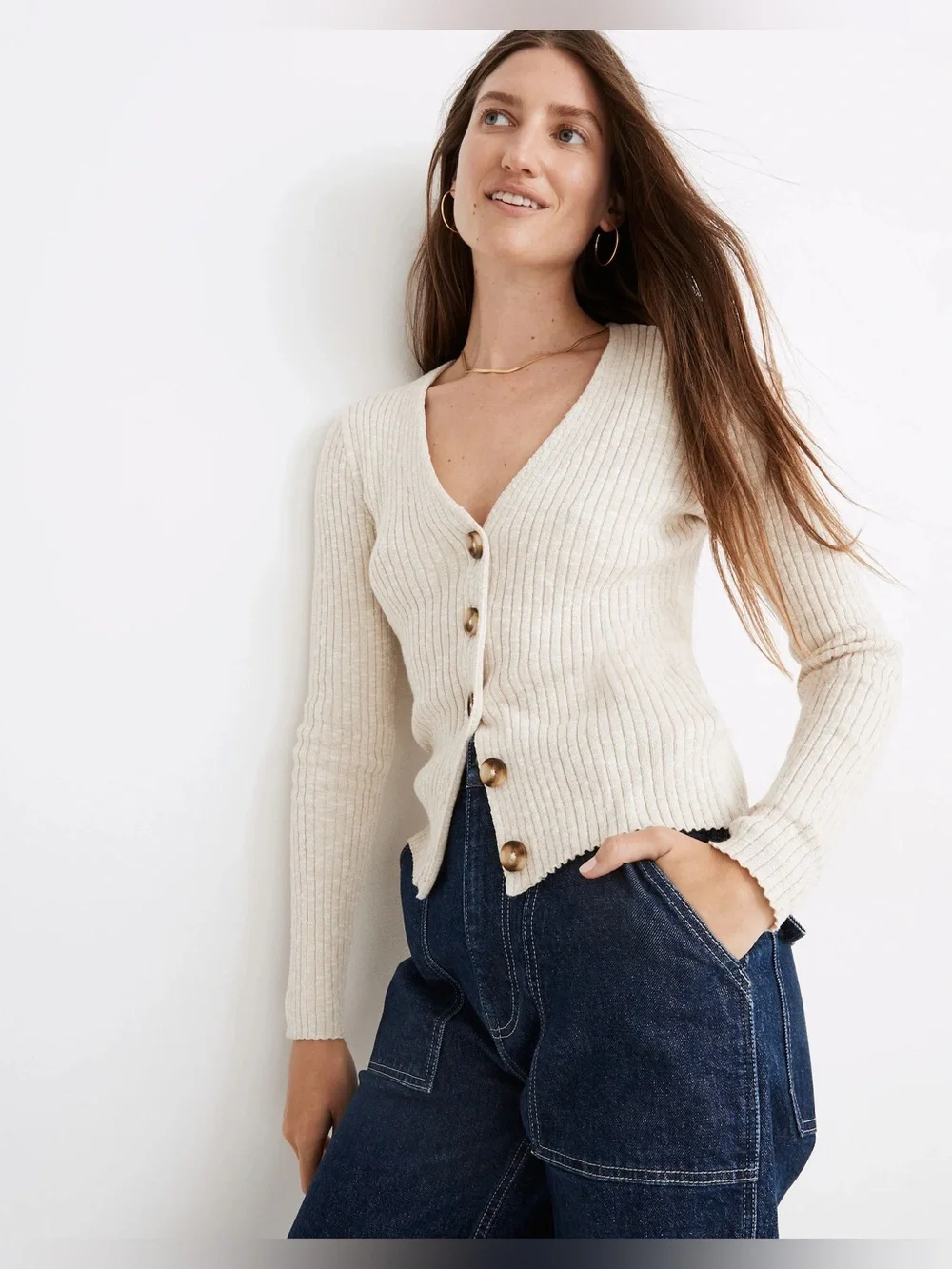 Madewell Cream Shrunken Ribbed‎ Cardigan Sweater Button-Front Size Small